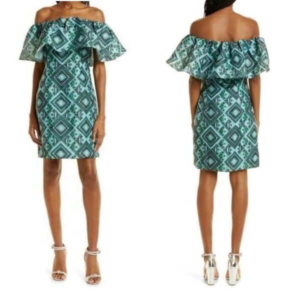 NWOT Baum Und Pferdgarten Alice Geo Print Off Shoulder Mini Dress Green/Blue M - Picture 4 of 15